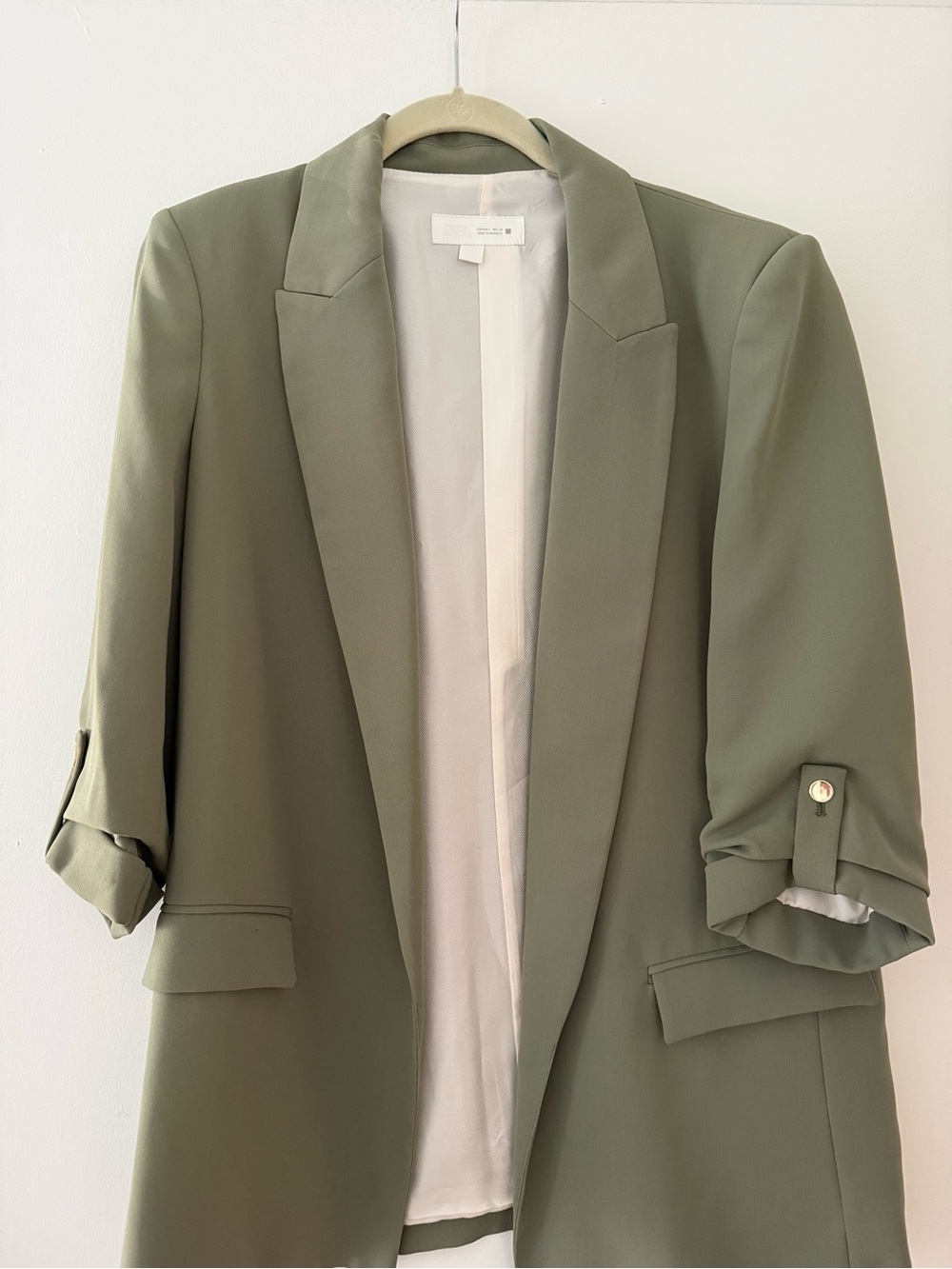 Zara Olive Green Open-Front Blazer with Rolled Sleeve Tabs